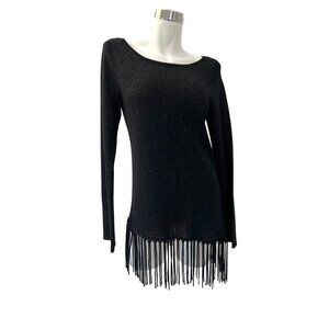 WHBM~White House Black Market Black Long-Sleeve Fringe Black MetallicHem Sweater